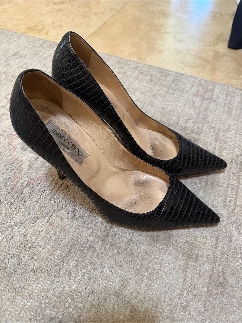 Jimmy Choo Black Croc-Embossed Pointed Pumps